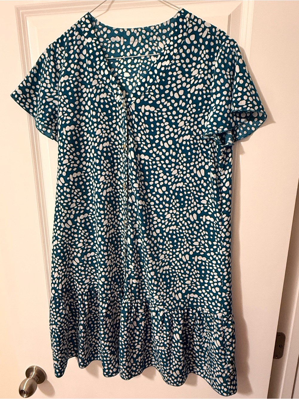SHEIN Teal and White Dot Ruffle-Hem Short Sleeve Dress
